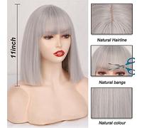 Natural-Looking, Short Synthetic Silver Gray Bob with Bangs Short Straight Bob Wigs for Women Cosplay Daily Party Red blackpink Wig,Flawless Style