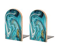 Natural Luxury Teal Turquoise Marble with Golden Powder Oriental Art Book Shelf Holder, Bookends Book Stand for School Home Office Desks Library Books Movies DVDs Files Magazines S