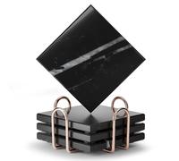 Natural Marble Coaster Set with Holder, Square 4 Pcs Nero Marquina Coasters | Natural Nero Marquina Marble with Double-Sided Polished Surface, Open Base and Elegant Stand, Home decor, Good gift