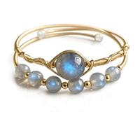 Natural Moonstone Wire Wrapped Bracelet, Double Layer Boho Bangle Cuff, Adjustable Gold Tone Healing Crystal Jewelry, Spiritual Aesthetic Birthday Gift for Women Wife Mother (1PCS)