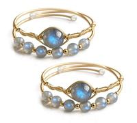Natural Moonstone Wire Wrapped Bracelet, Double Layer Boho Bangle Cuff, Adjustable Gold Tone Healing Crystal Jewelry, Spiritual Aesthetic Birthday Gift for Women Wife Mother (2PCS)