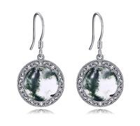 Natural Moss Agate Earrings 925 Sterling Silver Celtic Knot Round Green Moss Agate Drop Dangle Earrings Jewellery Gifts for Women Girls