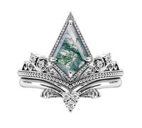 Natural Moss Agate Rings Set for Women White Gold Plated Sterling Silver Kite Cut Moss Agate Engagement Ring Wedding Solitaire Ring for Women Wife Bridal Set Size 6