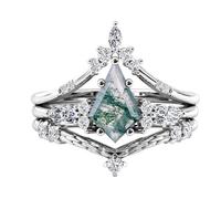 Natural Moss Agate Rings Set for Women White Gold Plated Sterling Silver Kite Cut Moss Agate Engagement Wedding Ring for Women Wife Vintage Bridal Ring Set Size 10