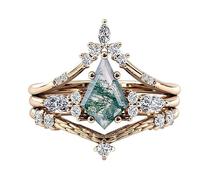 Natural Moss Agate Rings Set for Women Yellow Gold Plated Sterling Silver Kite Cut Moss Agate Engagement Wedding Ring for Women Wife Vintage Bridal Ring Set Size 5