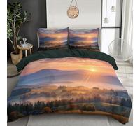 Natural Mountain Scenery Duvet Cover Set Double - Forest Sunrise Scene, 3 PCs Microfiber Orange Bedding Set - Wrinkle-Resistant & Breathable Design with Hidden Zipper (Double, 200×200cm)