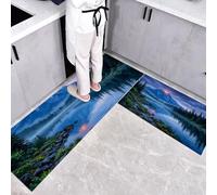 Natural Mysteries Kitchen Carpet Runners, Mountains Streams Forests Non-Slip Kitchen Runner Rugs, Dark Blue Washable Low Pile Area Floor Rug for Laundry Room Bedroom Entrance - 50x80cm+50x120cm