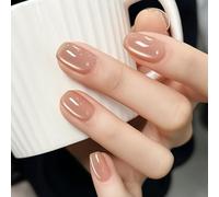 Natural Nude Almond Press On Nails Short Square Acrylic False French Tip Set - Glossy Fake Sticks Handmade Elegant Manicure Kit with Extra Flower Touch for Women Summer Autumn Petite 24Pcs Nail