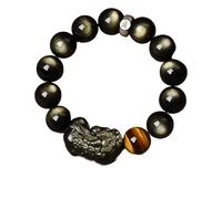 Natural Obsidian and Golden Obsidian Pixiu Bracelet, Business Money Prosperity Good Luck Positive Energy 12/14mm Bead Bracelet, Unisex Amulet Bud