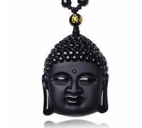 Natural Obsidian Pendant Vairocana Buddha Beads Lucky Necklace, Black