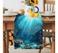 Natural Ocean Scenery Table Runner 13x48 Inches Long Underwater Blue Waves Fish Coral Stone Cotton Linen Table Runner Burlap Style for Dinner Table Party Decor Tabletop Decorations
