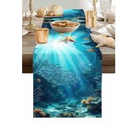 Natural Ocean Scenery Table Runner 70 Inches Long, Underwater Blue Waves Fish Coral Stone Washable Table Runners Heat-Insulation Kitchen Dining Table Decorations for Home Party Decor, 13"x70"