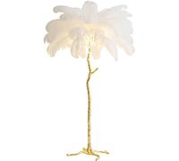 Natural Ostrich Feather Floor Lamp Resin Feather Standing Lamp Simple Modern Bedroom and Living Room Standing Lamp Golden Lamp Body Dimmable with E14 LED Bulb White 170cm