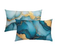 Natural Outdoor Cushions Waterproof, Linen Gold and Blue Cushion Covers 50 x 70 Set of 2 with Invisible Zipper, Modern Decorative Pillows for Bed, Sofa, Ideal Home Decor, Durable & Easy Care S-368