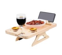 Natural Pine Sofa Armrest Tray,Drink Holder Arm with 360° Rotating Phone Stand. Holds Cups, Phones, Snacks, etc. Foldable & Clip-on Design, Easy to Clean, Organizes Drinks, Remotes & More