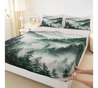 Natural Pine Tree Kids King Size Fitted Sheet,Jungle Plant Botanical Boys Girls Bed Sheet,Smoke Sky Country Farmhouse Room Decor,Ink Green Bedding Set,2 Pillowcases(No Flat)