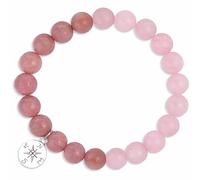 Natural Pink Beaded Elastic Stretch Bracelet with Compass Charm - Adjustable Crystal Gemstone Jewelry for Women Girls, Meaningful Birthday Friendship Gift, Daily Wear, Smooth Round Beads, Silver Tone