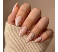 Natural Pink Mint Blue Pastel Swirl & Gold Glitter Almond False Nails - Oval Shape Reusable Stick On Artificial Nails For Women, Daily Wear, Parties, Weddings And Special Occasions With Rhinestone