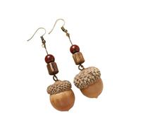 Natural Plant Seed Fruit Earrings for Women Boho Vintage Handmade Oak Fruit Wood Beads Earrings, Wood, No Gemstone