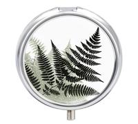 Natural Plant Silhouette Fern Leaf Pill Box Small Round Pill Case Portable Travel Pill Container Multi-Functional Moisture Proof Metal Medicine Pill Organizer Box for Vitamins Fish Oil