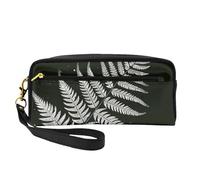 Natural Plant Silhouette Fern Leaf Printed Leather Makeup Bags with Wrist Strap Portable Travel Toiletry Bag Cosmetic Organizer Bag for Women