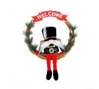 Natural Rattan Circle Wreath with Wire Reinforcement, Featuring a Festive Gnome Doll and Welcome Wooden Sign for Door or Wall (B)