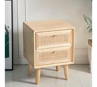 Natural Rattan Nightstand with 2 Drawers Modern Small Bedside Table Solid Wood Legs Stylish End Table for Bedroom & Living Room Furniture