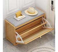 Natural Rattan Shoe Bench with Adjustable Shelf Wooden Sto Rack & Linen Cush Entryway Seating for Hallway & Bedroom 70x24x44cm