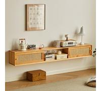 Natural Rattan TV Cabinet47in Floating Media Console with Cable Management Fully Assemb Wooden TV Stand for Living Room & Office Stylish Sliding Door Design
