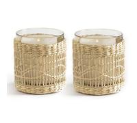 Natural Rattan Wicker Woven Votives Candle Holder Tea Light Candle Holders Set of 2 - Handcraft Rustic Boho Bohemian Seagrass Glass Votive Candle Holders for Summer Fall Dining Table Kitchen Décor