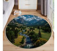 Natural Realistic Scenery Rugs Round Ø 80Cm Living Room Valley And Stream Scenery Non-Slip Area Rug Round Machine Washable Floor Carpet Short Pile Soft Circle Rug For Bedroom Nursery, Dark Green