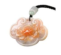 Natural Red Orange Jadeite Hand Carved Peony Peace Lock Pendant Necklace Feng Shui Prosperity Good Luck Blessing Amulet