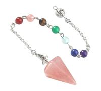 Natural Rose Quartz Crystal Pendulum, 7 Chakra Bead Chain, Metal Setting, Pointed Crystal Tip for Dowsing & Reiki Healing