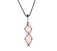 Natural Rose Quartz Necklace for Women Reiki Healing Hexagonal Point Crystals Stone with Handmade Knotted Black Net Bag Pendant Necklaces Jewellery Gift
