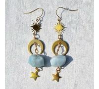 Natural Rough Crystal Quartz Earrings Crescent Moon Sun Star Hoop Earrings Gift-Aquamarine