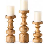 Natural Round Turned Candle Holders for Pillar Candles Set of 3 Vintage Style Mango Wood Candle Holder for Centerpiece for Dining, Living Room