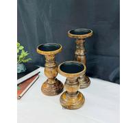 Natural Round Turned Candle Holders for Pillar Candles Set of 3 Vintage Style Mango Wood Candle Holder for Centerpiece for Dining, Living Room