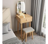 Natural Rubber Wood Vanity Table with LED Mirror Stylish Makeup Desk with Storage Drawers & Stool Solid Wood Legs Modern Dresser for Bedroom & Makeup Room