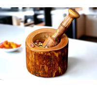 Natural Rustic Olive Wood Mortar and Pestle Set | Handmade Spices and Herbs Grinder Wooden Mortar with Pestle Nuts Smasher Bowl Garlic Press | Kitchen Essentials Rustic Decor (Natural Wood, 12 cm)