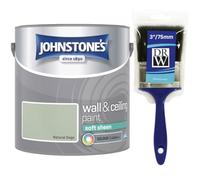 Natural Sage Johnstone’s Wall & Ceiling Soft Sheen Paint 2.5L + 3" Brush - Subtle Sheen Finish, Durable & Washable, Quick Dry, Low Odour Interior Paint for Walls & Ceilings