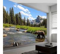 Natural Scenery Forest Animals Bear Wall Mural Photo Wallpaper 450 x 280 cm Non-Woven Mural Wallpaper - Living Room Bedroom Kids Room TV Sofa Background Family Wall Decor, Blue Green