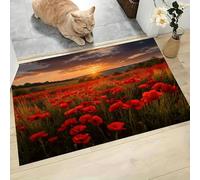 Natural Scenery Indoor Doormat, Sunrise Over The Poppy Field Non-Slip Absorbent Machine Washable Resist Dirt Entrance Area Rug, Red for Inside Entrance Front Back Door Garden, 60 x 90 cm