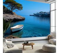 Natural Scenery Mallorca Sea Water Boats Wallpaper Bedroom Kids Boys 3D Wallpaper Mural, Blue Kids Teens Room Poster Photo Wall Mural Themed Room Playroom 350 x 256 cm