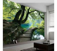 Natural Scenery Mural Decoration Poster Picture, 400 x 280 cm - Photo Wallpaper Forest Park Wooden Bridge Lake for Living Room, Bedroom, Bathroom, Office, Dining Room, Kid's Room