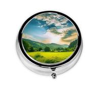 Natural Scenery Printed Round Pill Organizer with 3 Compartments, Portable Mini Pill Box Pill Case for Medicine, Vitamin, Fish Oil, Supplements