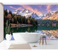 Natural Scenery Snow-Capped Mountains Reflected On The Lake Panoramic Wall Mural, Light Purple Wallpaper 450x315cm, Modern Large-Scale Wall Art Mural Panoramic Poster for Living Room Bedroom Office