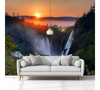 Natural Scenery Sunrise Plitvice Lakes Croatia Non-Woven Wallpaper 400 x 280 cm Bedroom Wall Mural, Orange Photo Wallpaper Poster Wall Covering, for Children’s Room Home Restaurant Living Room Hallway