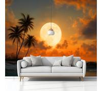 Natural Scenery Sunset Full Moon Palm Trees Non-Woven Wallpaper 400 x 280 cm Bedroom Wall Mural, Orange Photo Wallpaper Poster Wall Covering, for Children’s Room Home Restaurant Living Room Hallway