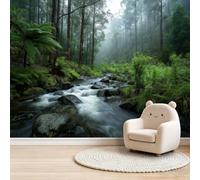 Natural Scenery Theme Wall Mural Wallpaper 250x175 cm - Forest River Rocks Trees Pattern Poster Non-Woven Art Photo Wallpaper, Green 3D Effect Wall Mural Covering for Living Room Bedroom Office Decor