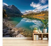 Natural Scenery Theme Wall Mural Wallpaper 300x210 cm - Mountains Lake Forest Sky Pattern Poster Non-Woven Art Photo Wallpaper, Green 3D Effect Wall Mural Covering for Living Room Bedroom Office Decor